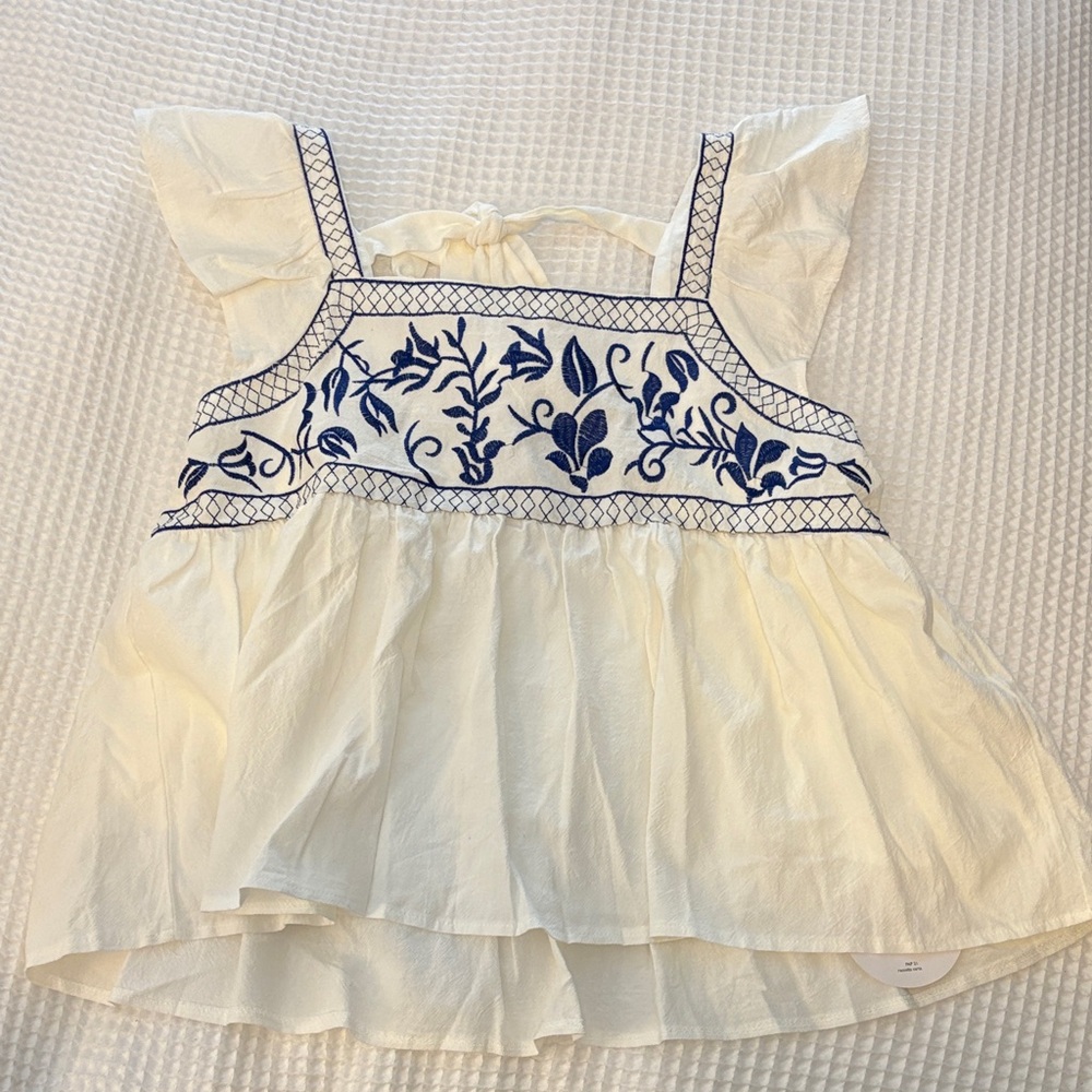 SHEIN White and Blue Embroidered Blouse
